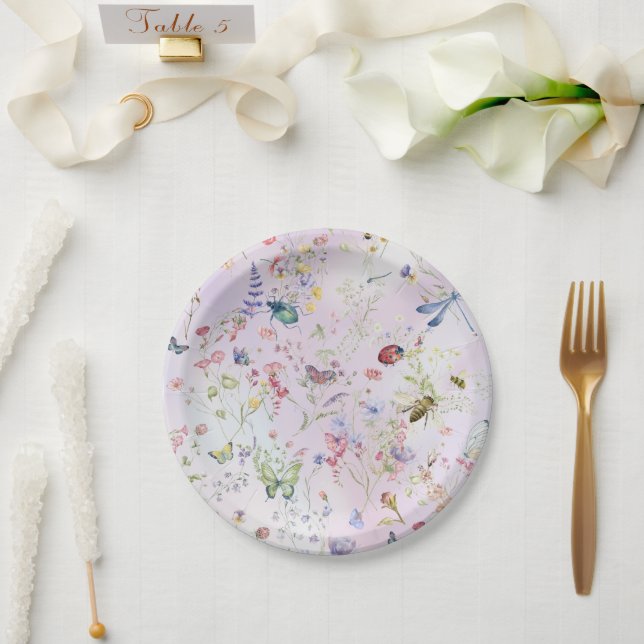 Elegant Whimsical Wildflower Pink  Paper Plates (Wedding)