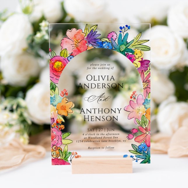 Elegant Whimsy Bold Floral Watercolor Wedding Acrylic Invitations (Creator Uploaded)