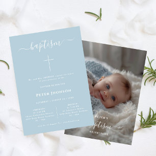 Elegant Whimsy Script Dusty Blue Baptism Photo Invitation
