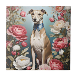 Elegant Whippet Pink Peony Flowers Blue Background Ceramic Tile