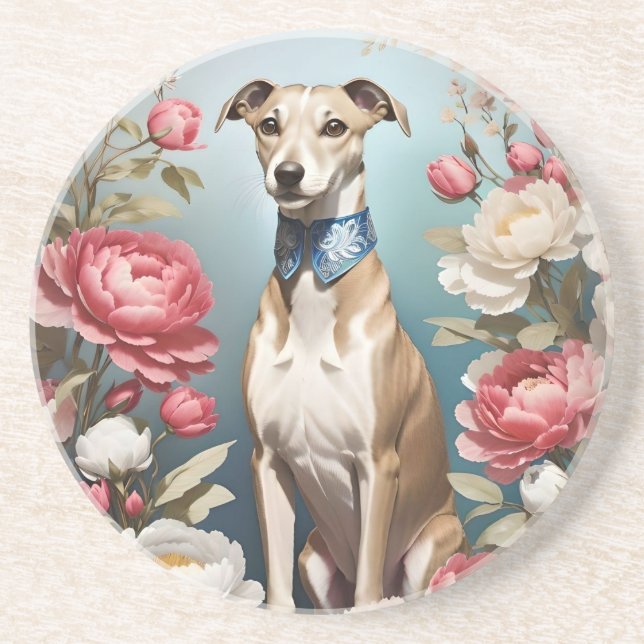 Elegant Whippet Pink Peony Flowers Blue Background Coaster (Front)
