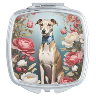 Elegant Whippet Pink Peony Flowers Blue Background Compact Mirror