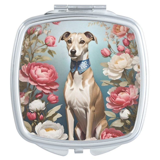 Elegant Whippet Pink Peony Flowers Blue Background Compact Mirror (Front)