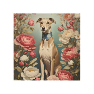Elegant Whippet Pink Peony Flowers Blue Background Wood Wall Art