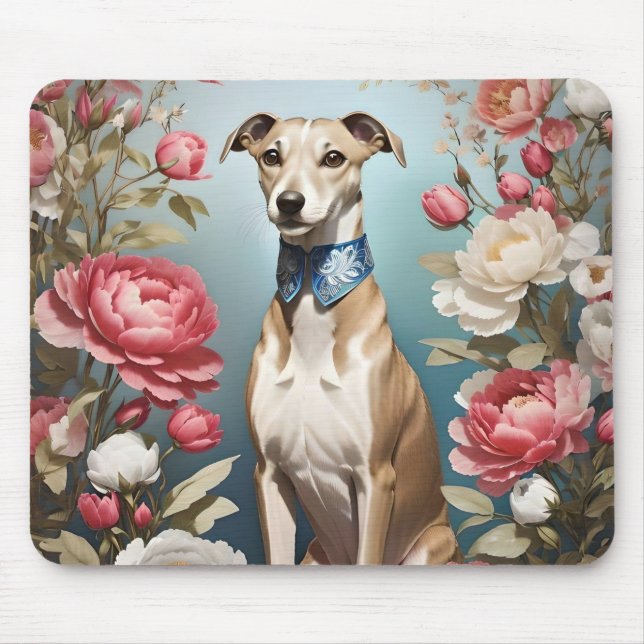 Elegant Whippet Portrait Pink Peony Flowers Mouse Pad (Front)
