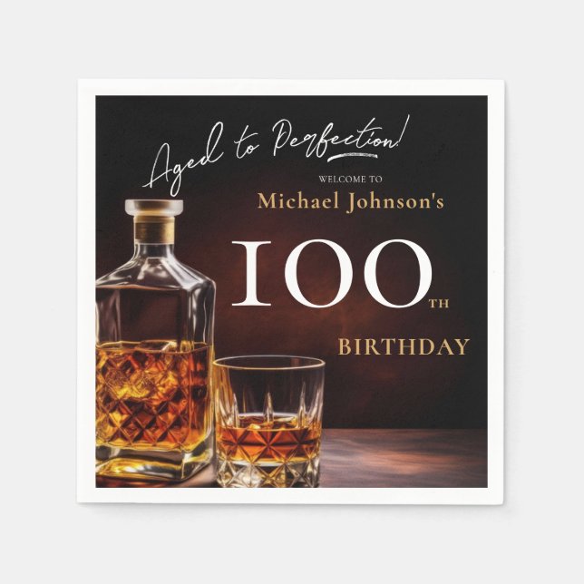 Elegant Whiskey Black Gold 100th Birthday Party Napkins (Front)