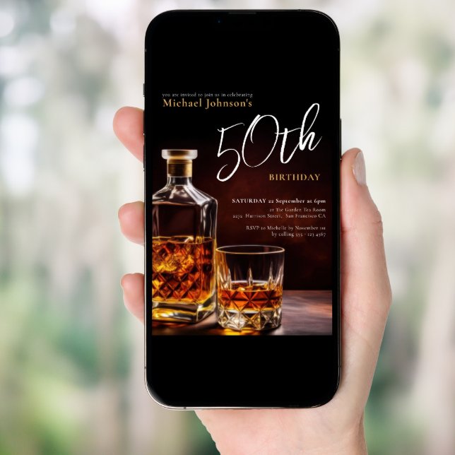 Elegant Whiskey Black Gold 50th Birthday  Invitation (Front Digital)