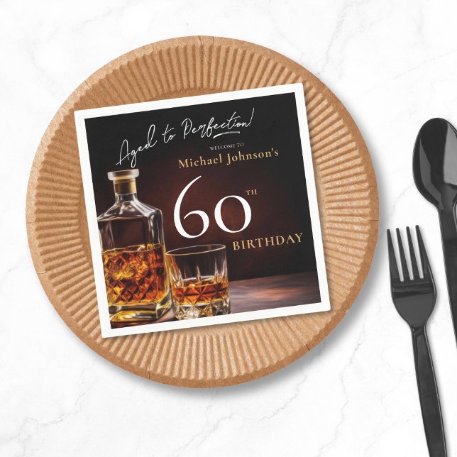 Elegant Whiskey Black Gold 60th Birthday Party Napkins (Mockup View)