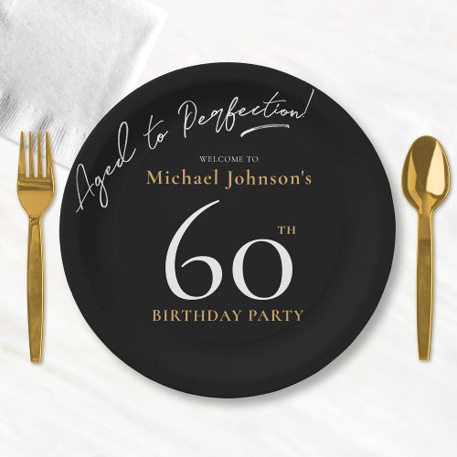 Elegant Whiskey Black Gold 60th Birthday Party Paper Plates