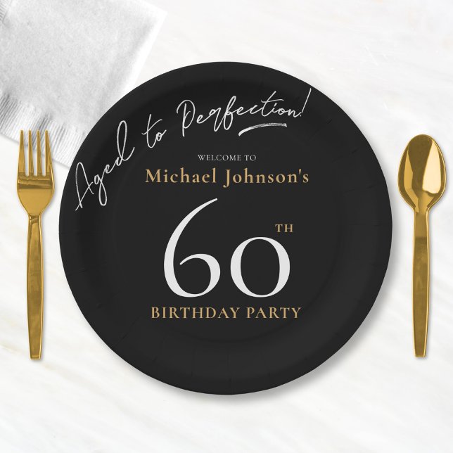 Elegant Whiskey Black Gold 60th Birthday Party Paper Plates (Mockup View)
