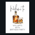 Elegant Whiskey-Themed 40th Birthday Party Welcome Poster<br><div class="desc">Welcome your guests in style with this customizable, elegant whiskey-themed birthday party sign. Featuring a beautiful watercolor illustration of a whiskey bottle and glass, this sign is perfect for adding a sophisticated touch to any 40th birthday celebration. Personalize it with your own details to create a unique and memorable decoration....</div>