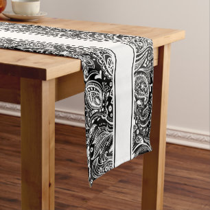 Elegant Whit And Black Floral Paisley & Stripes Short Table Runner
