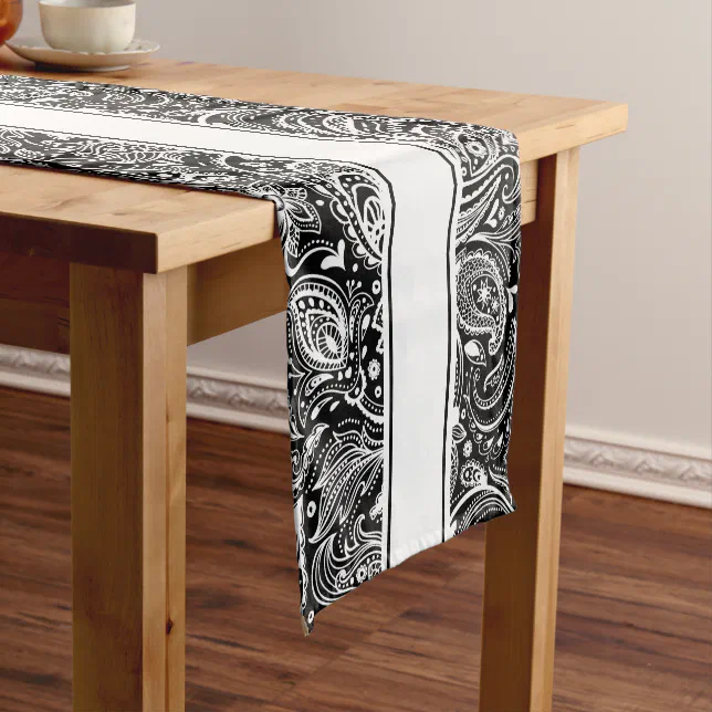 Elegant Whit And Black Floral Paisley & Stripes Short Table Runner | Zazzle