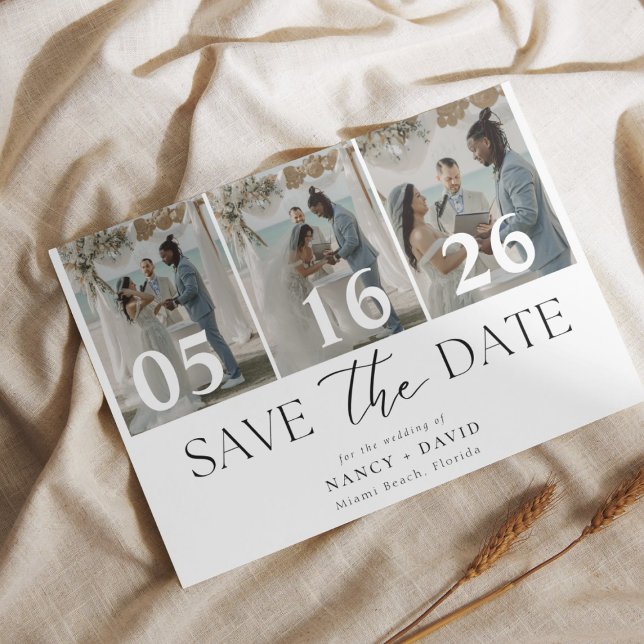 Elegant White 3 photo Collage wedding Save The Date (Creator Uploaded)