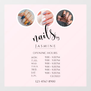 Elegant White 3 Photo Nails Studio Opening Hours Window Cling