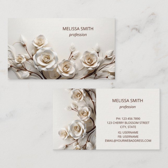 Elegant White 3D Roses Business Card (Front/Back)