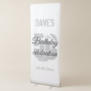 Elegant White 50th Any Birthday Party Backdrop Retractable Banner