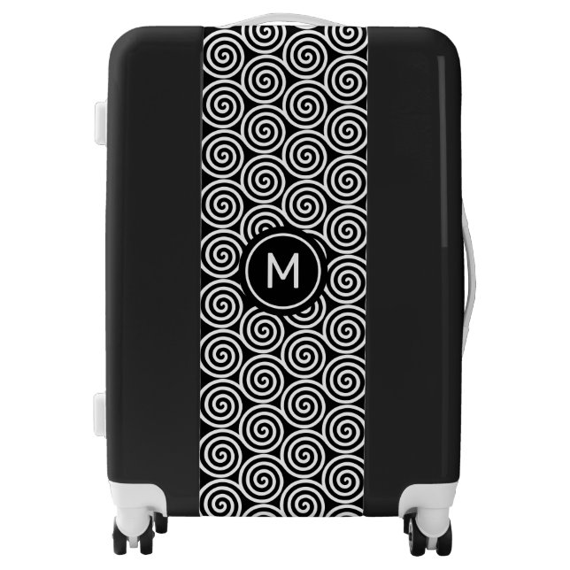 Elegant White Abstract Spiral Circles & Monogram Luggage (Front)