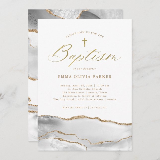 Elegant White Agate with Gold Cross | Baptism Invitation (Front/Back)