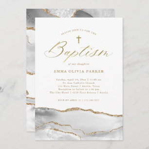 Elegant White Agate with Gold Cross Baptism Invitation