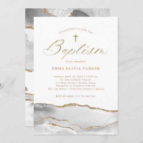 Elegant White Agate with Gold Cross  Baptism Invitation