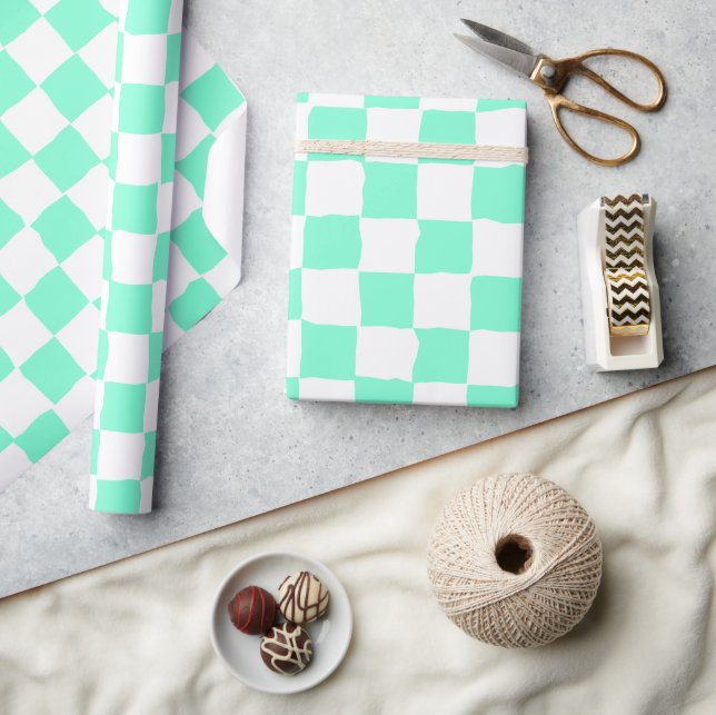Elegant White and Aquamarine Checkerboard Painting Wrapping Paper (Crafts)