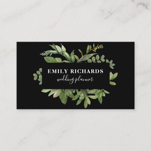 Elegant white and black botanical leaves script business card