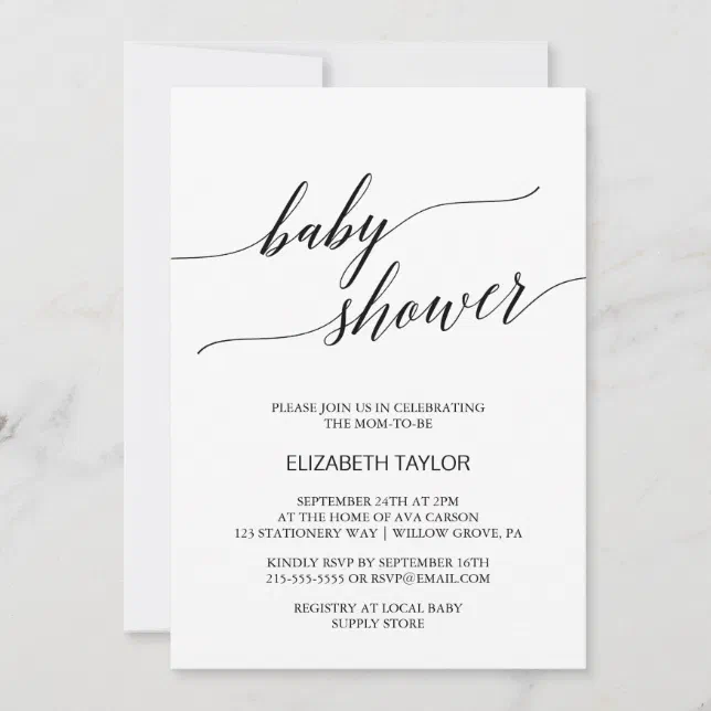 Elegant White and Black Calligraphy Baby Shower Invitation | Zazzle