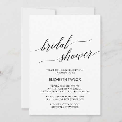 Elegant White and Black Calligraphy Bridal Shower Invitation | Zazzle