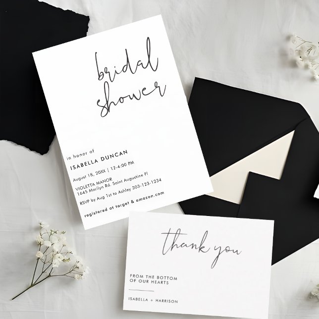 Elegant White and Black Calligraphy Bridal Shower Thank You Card (Creator Uploaded)