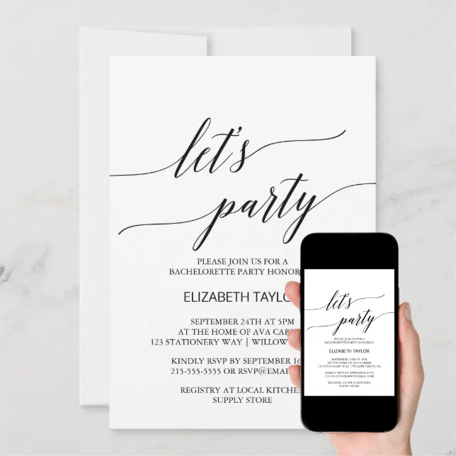 Elegant White and Black Calligraphy Let's Party Invitation | Zazzle