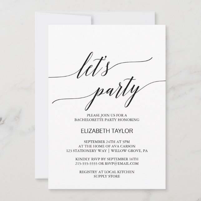 Elegant White and Black Calligraphy Let's Party Invitation (Front)