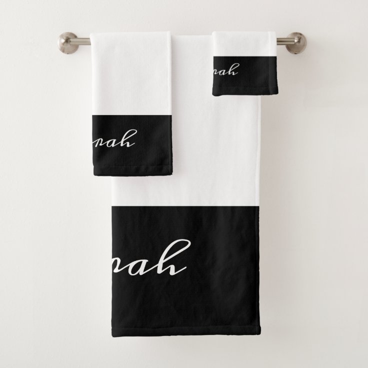 Elegant White and Black Calligraphy Name Bathroom Bath Towel Set | Zazzle