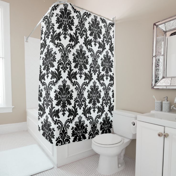 Elegant White and Black Damask Shower Curtain Zazzle