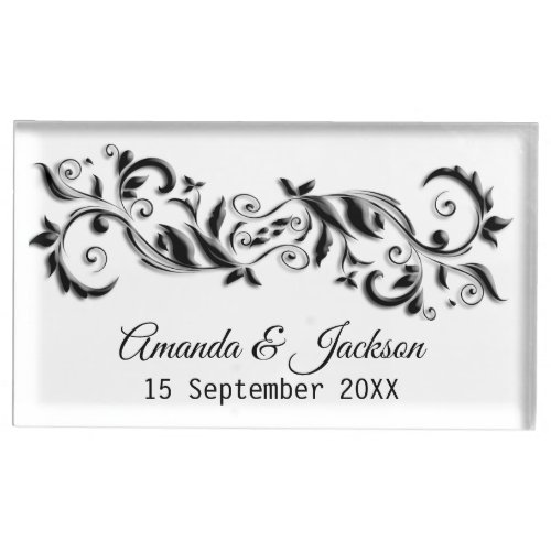 Elegant White and Black Floral Wedding Place Card  Place Card Holder