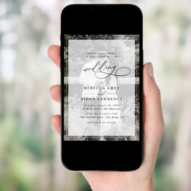 Elegant White and Black Gold Border Photo Wedding Invitation (Front Digital)