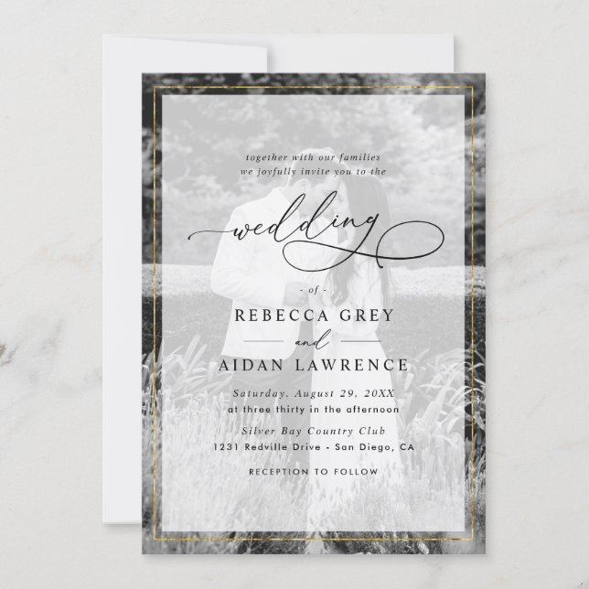 Elegant White and Black Gold Border Photo Wedding Invitation