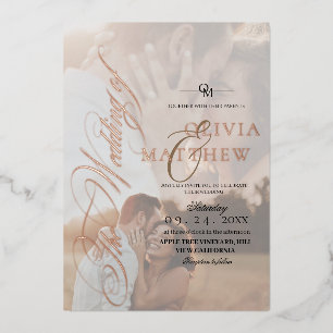 Elegant White and Black Gold Modern Photo Wedding Foil Invitation