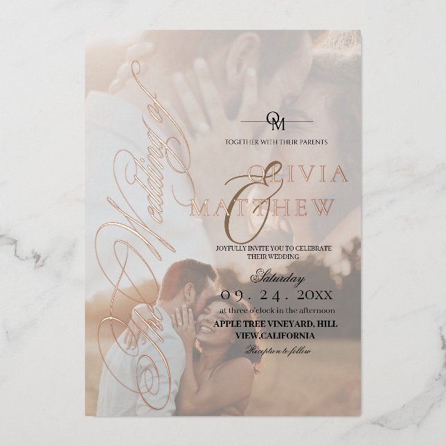 Elegant White and Black Gold Modern Photo Wedding Foil Invitation (Front)