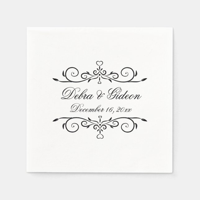 Elegant White and Black Heart Flourish Wedding Napkins (Front)