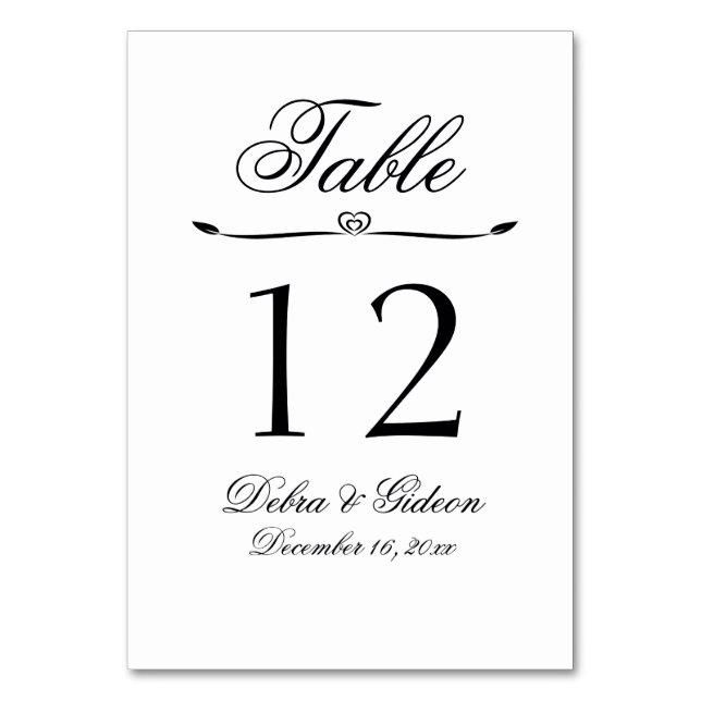 Elegant White and Black Heart Flourish Wedding Table Number (Front)