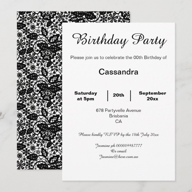 ELEGANT WHITE AND BLACK LACE BIRTHDAY PARTY BLACK INVITATION (Front/Back)