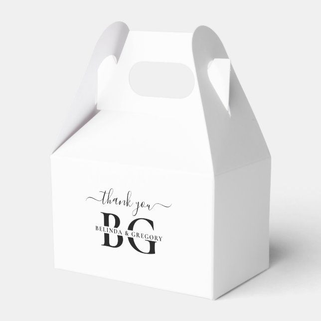 Elegant White and Black Monogram Initials Wedding Favor Boxes (Front Side)
