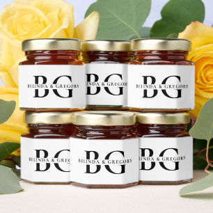 Elegant White and Black Monogram Initials Wedding Honey Jar Favors