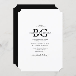 Elegant White and Black Monogram Initials Wedding  Invitation