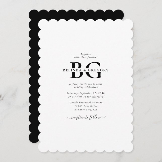 Elegant White and Black Monogram Initials Wedding  Invitation (Front/Back)