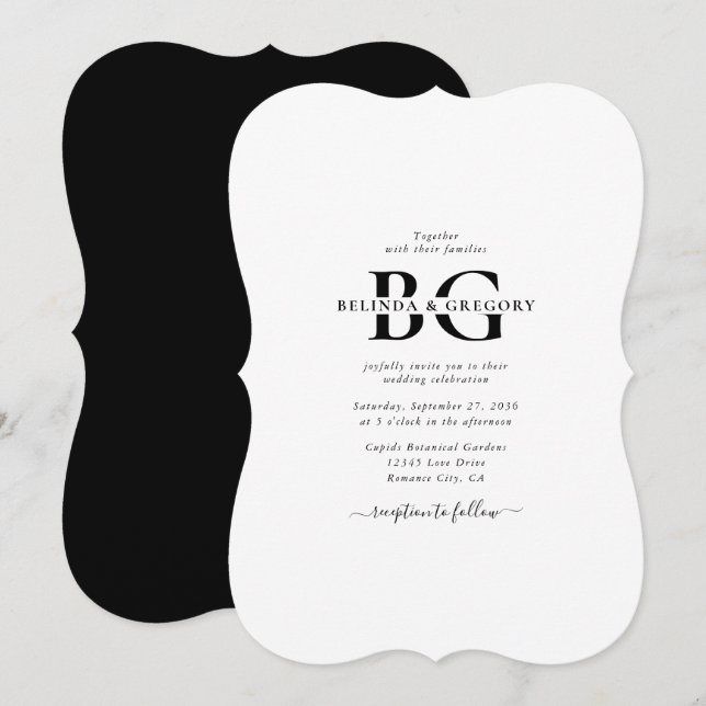 Elegant White and Black Monogram Initials Wedding  Invitation (Front/Back)