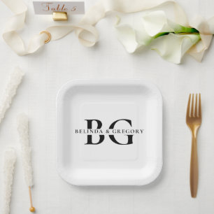 Elegant White and Black Monogram Initials Wedding Paper Plates