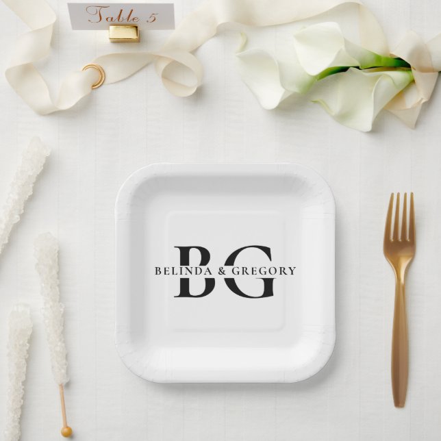 Elegant White and Black Monogram Initials Wedding Paper Plates (Wedding)