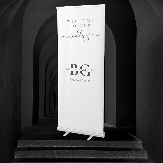 Elegant White and Black Monogram Initials Wedding Retractable Banner (Elegant White and Black Monogram Initials Wedding Retractable Banner)